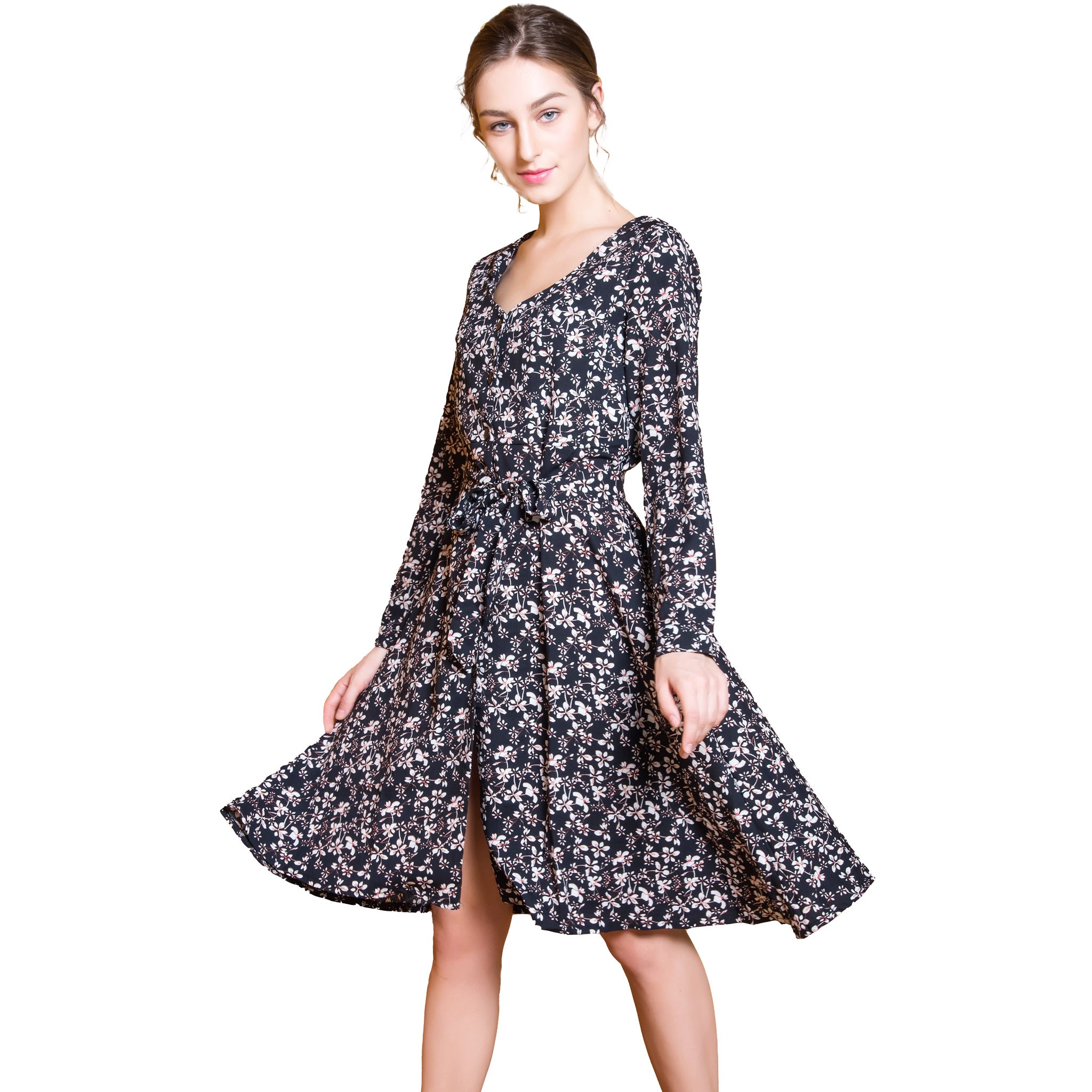 Women's All-Over Floral Long Sleeve Dress | Shell Button Front & Waist Tie