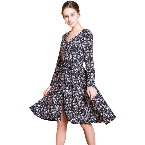 Women's All-Over Floral Long Sleeve Dress | Shell Button Front & Waist Tie
