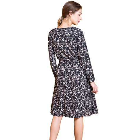 Women's All-Over Floral Long Sleeve Dress | Shell Button Front & Waist Tie