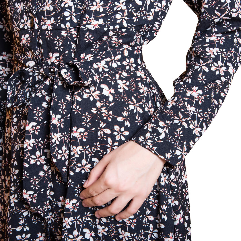 Women's All-Over Floral Long Sleeve Dress | Shell Button Front & Waist Tie