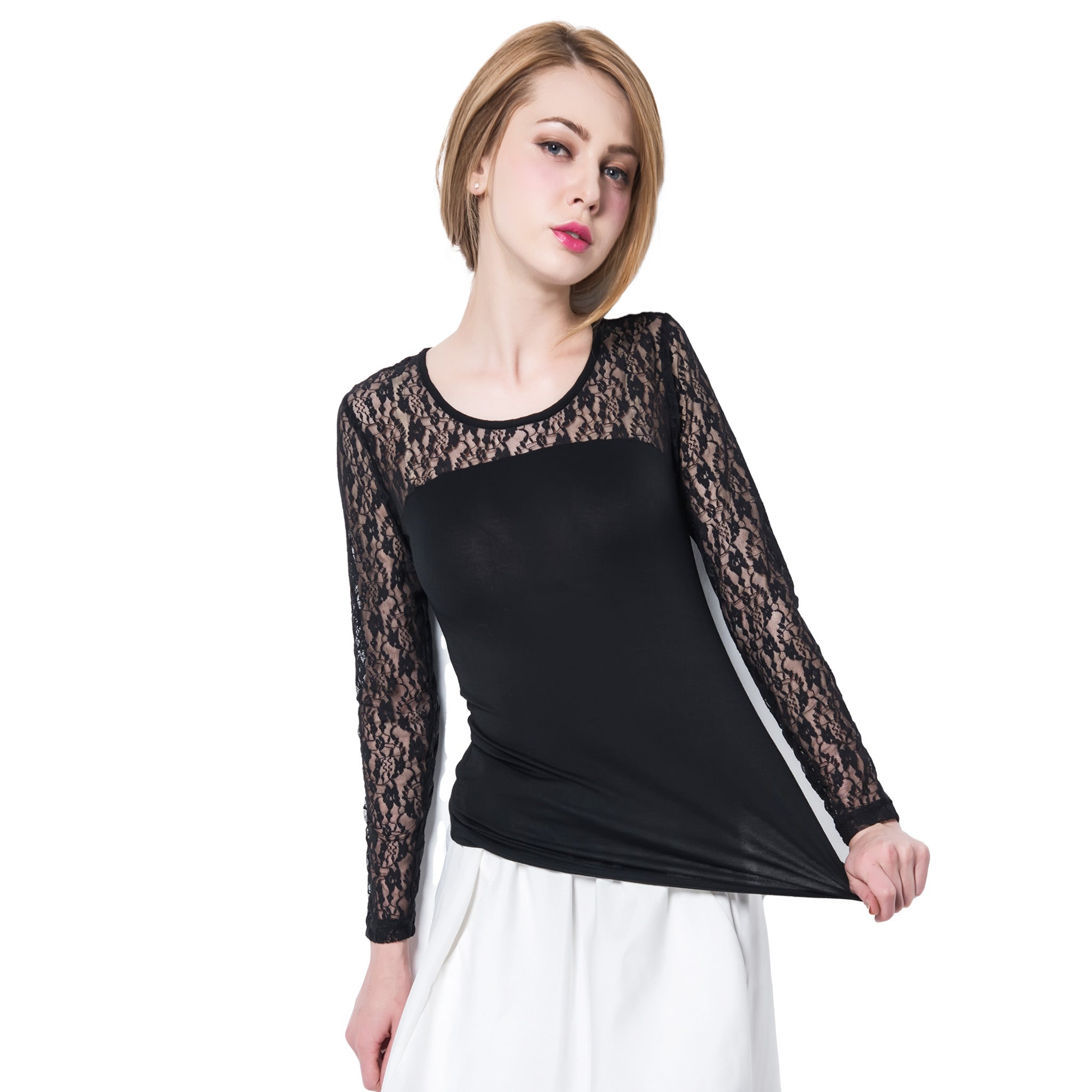 Women's Rayon T-Shirt with Lace Shoulder Panels