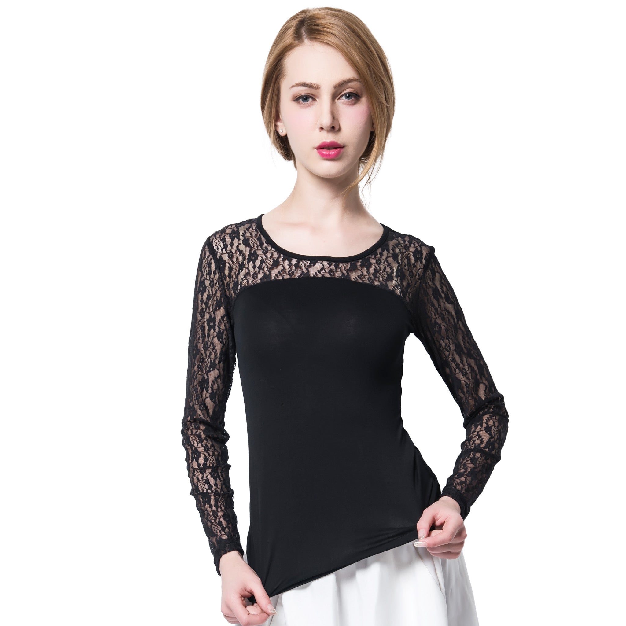 Women's Rayon T-Shirt with Lace Shoulder Panels