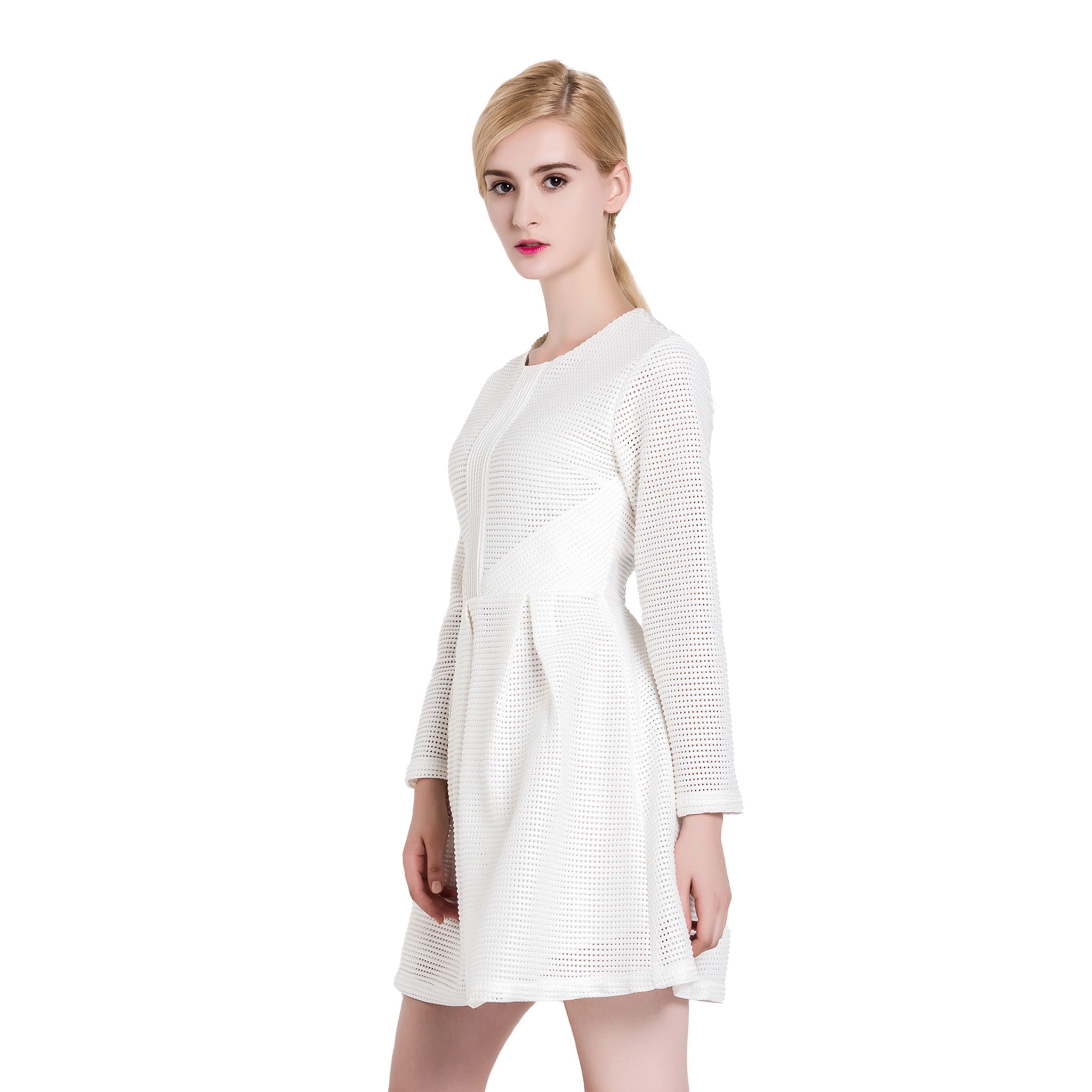 Women's Waffle Knit Dress With Waist Pleats