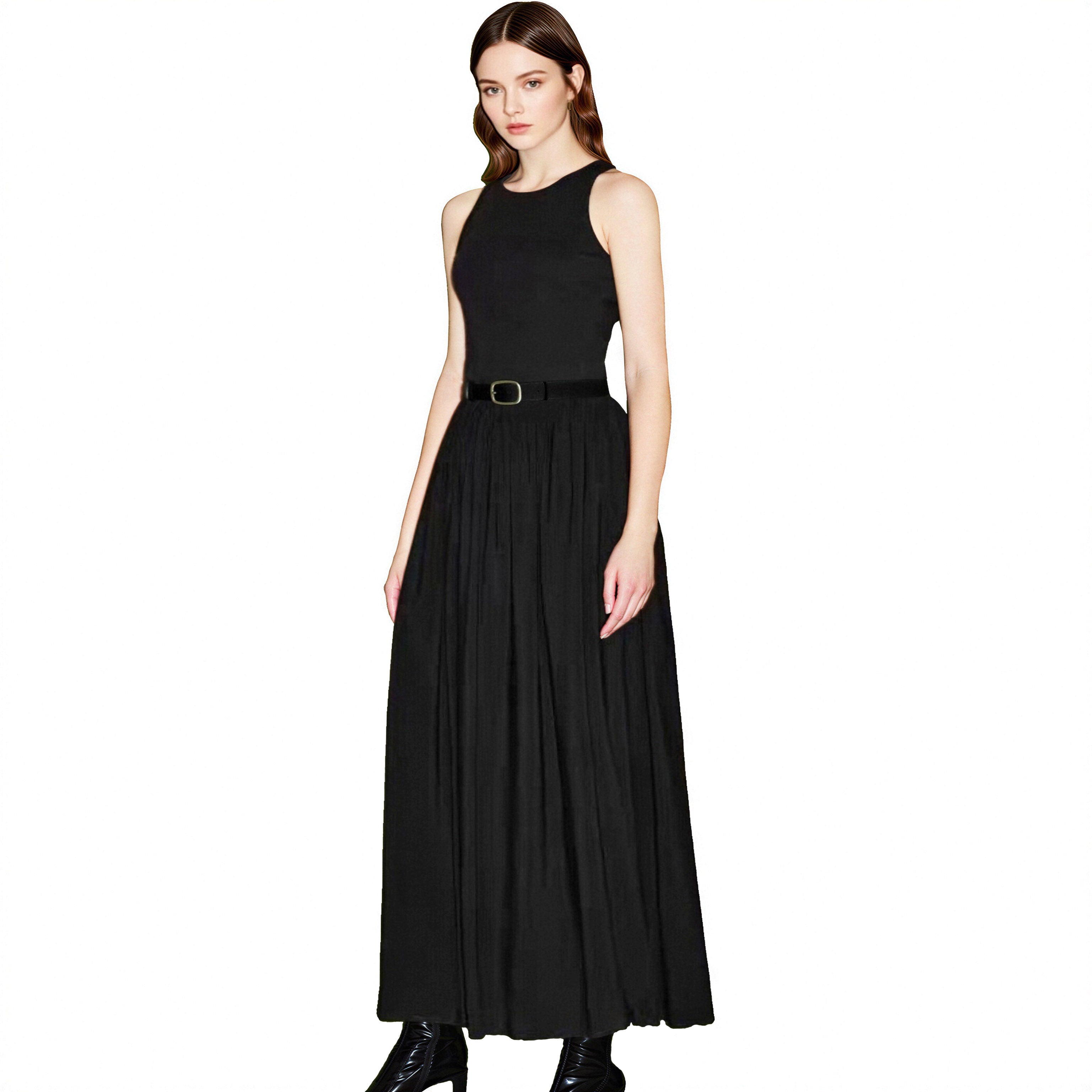 Women's Sleeveless Tank High Waist A Line Black Dress With  with Attached Belt
