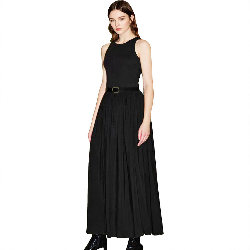 Women's Sleeveless Tank High Waist A Line Black Dress With  with Attached Belt