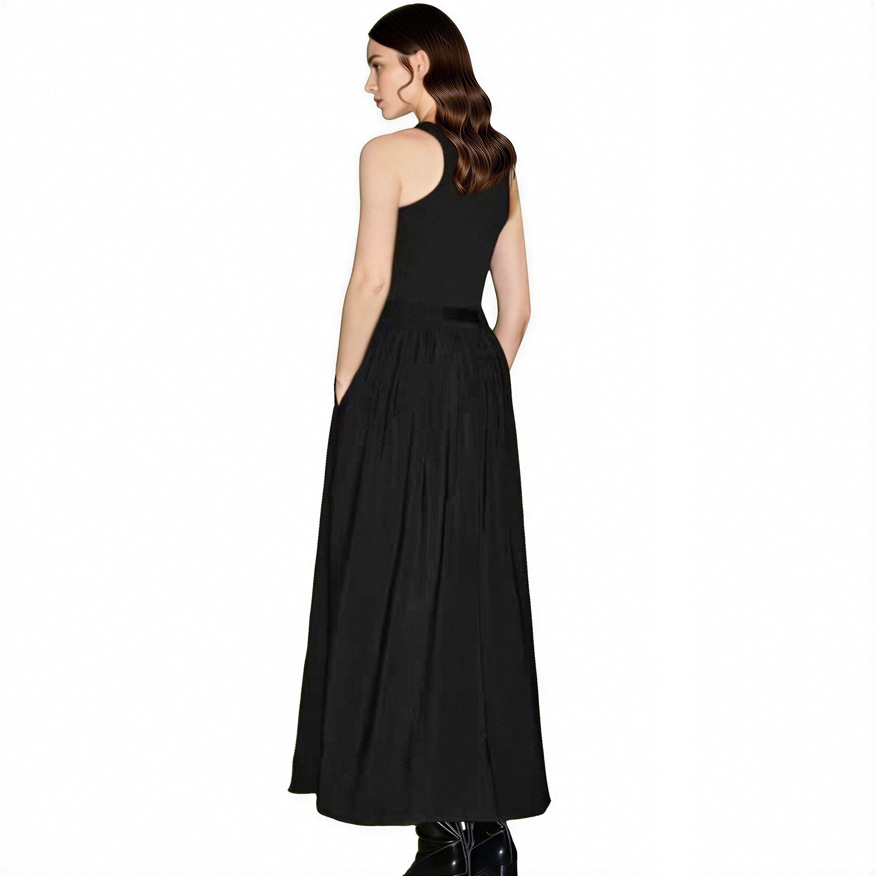 Women's Sleeveless Tank High Waist A Line Black Dress With  with Attached Belt