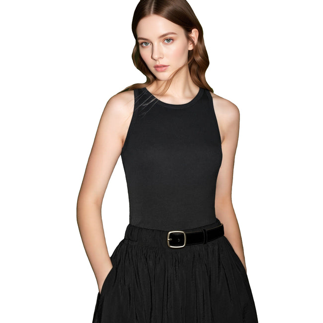 Women's Sleeveless Tank High Waist A Line Black Dress With  with Attached Belt
