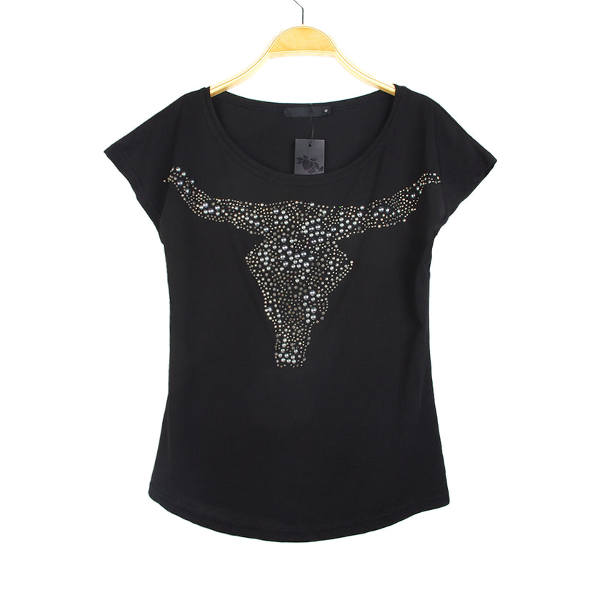 Rhinestone Bull Print T-Shirt | Chic Casual Cotton Top