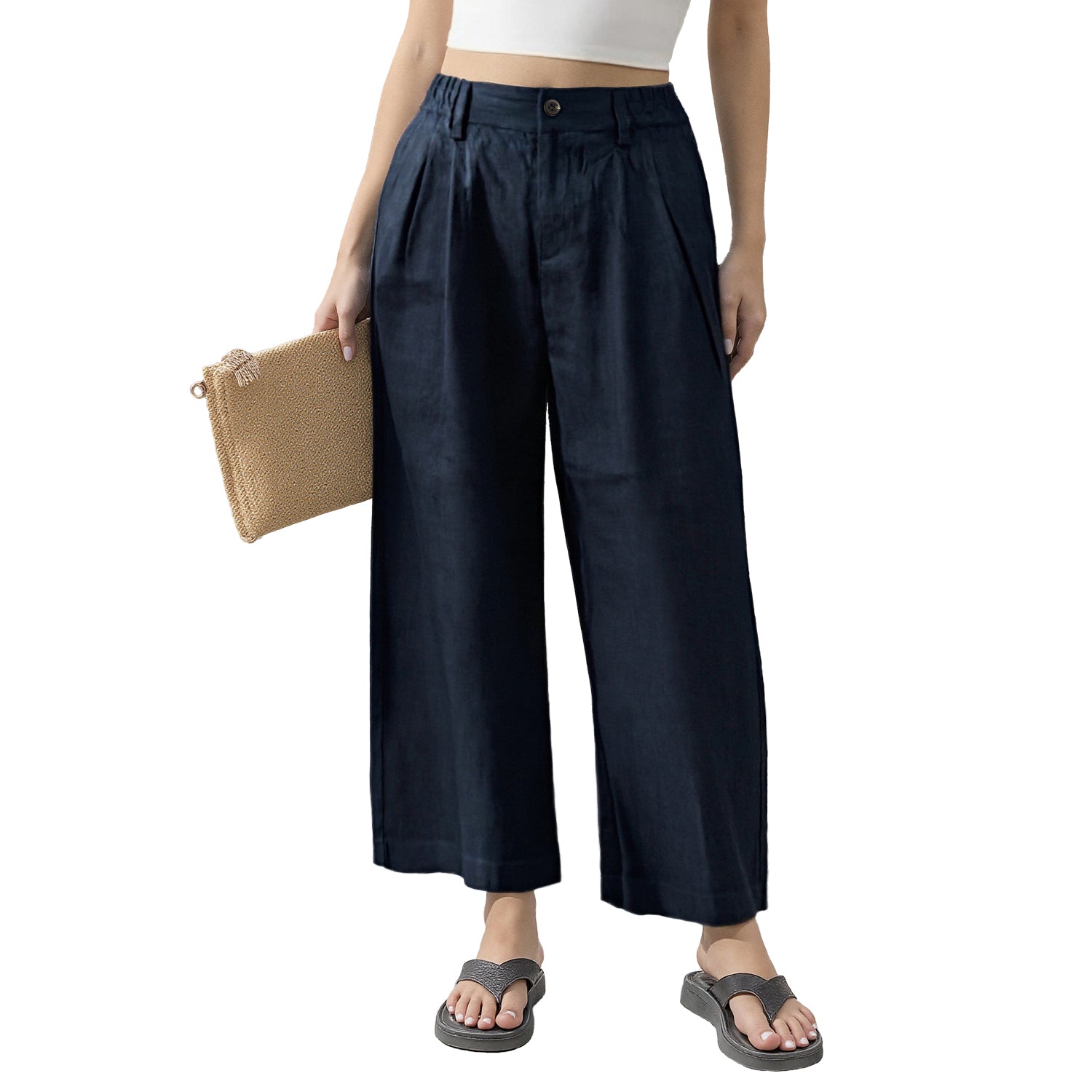 Women's Straight-Leg Linen Pants with Expandable Waist