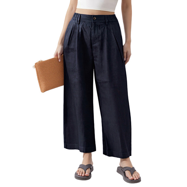 Women's Straight-Leg Linen Pants with Expandable Waist